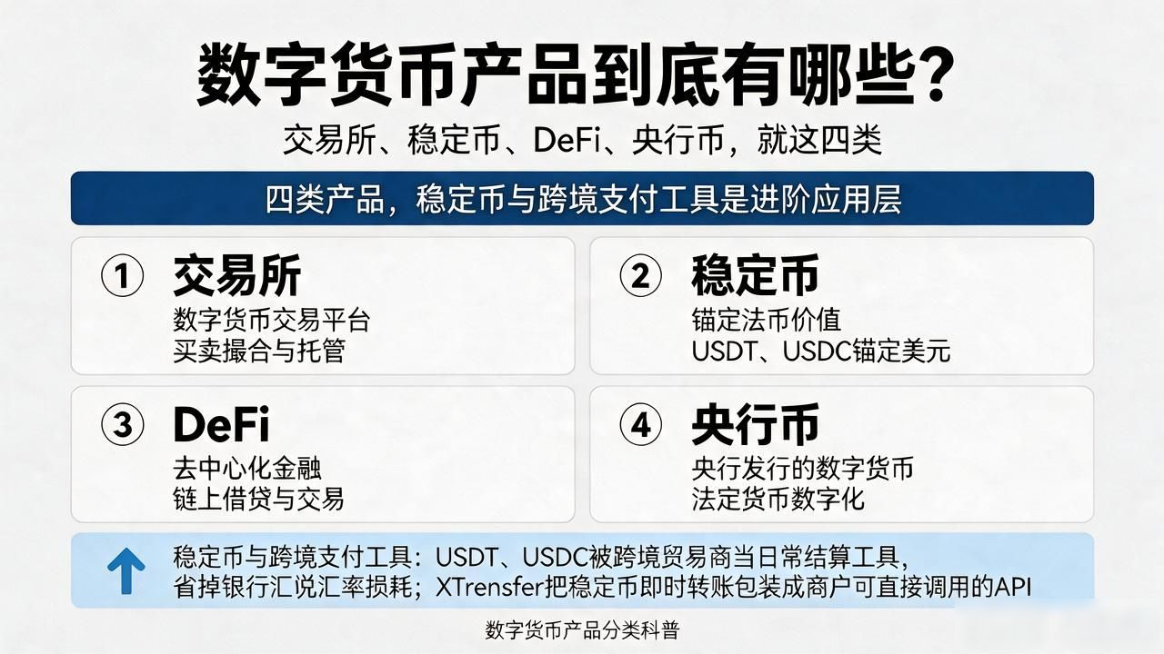 数字货币产品到底有哪些？交易所、稳定币、DeFi、央行币，就这四类