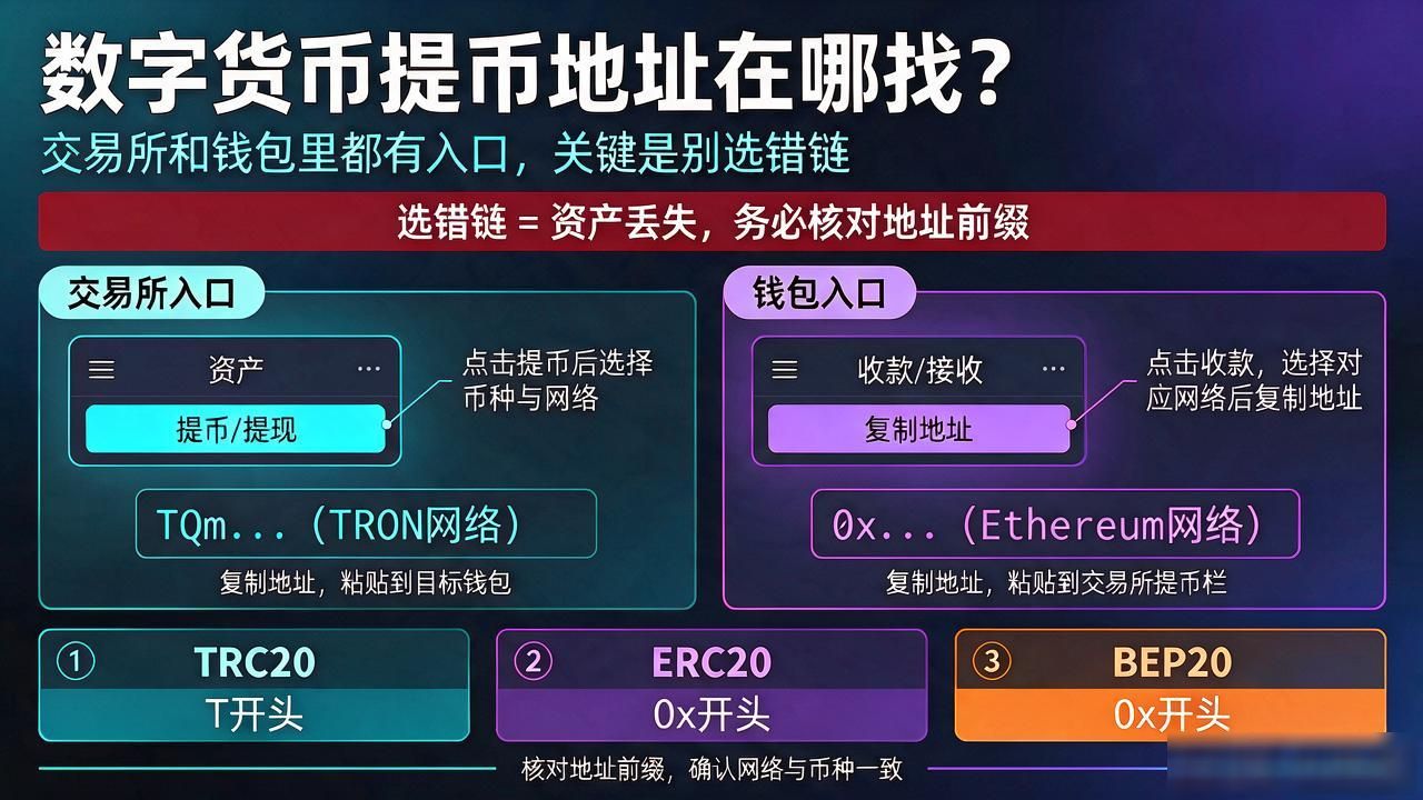 数字货币提币地址在哪找？交易所和钱包里都有入口，关键是别选错链